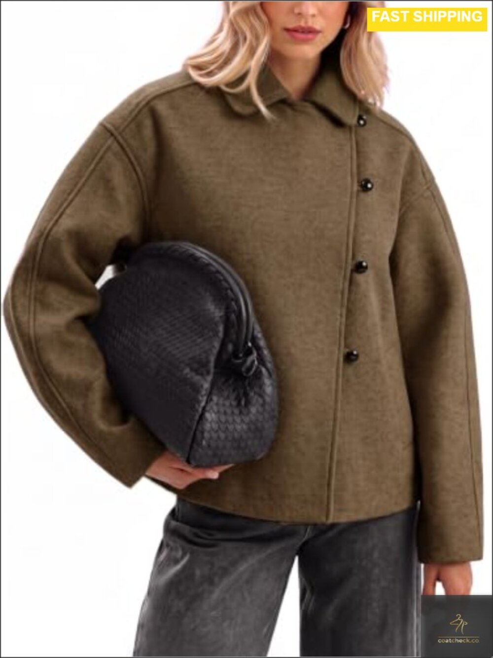 Cropped Faux Wool Pea Coat Button Down Collared Jacket
